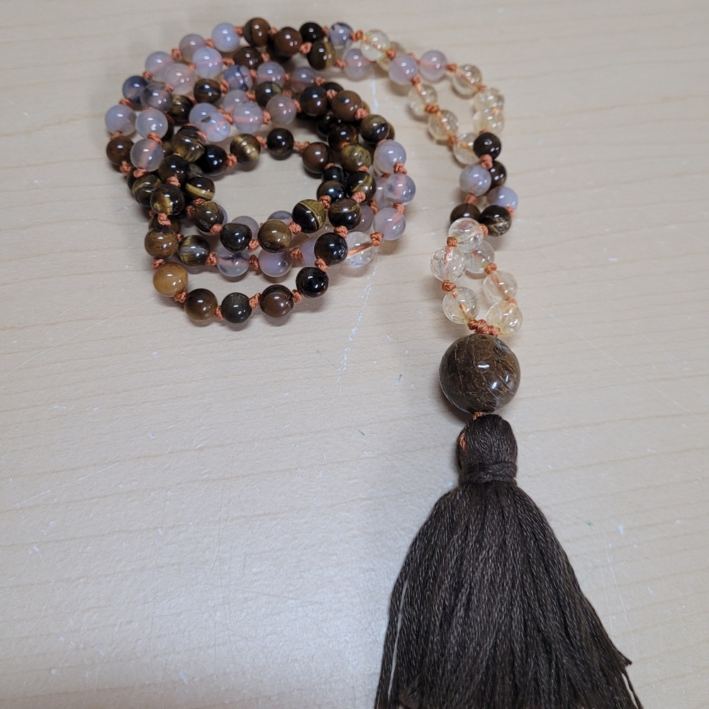 108 Gemstone Beads Hand-knotted Tassle & Guru Bead Necklace NWT